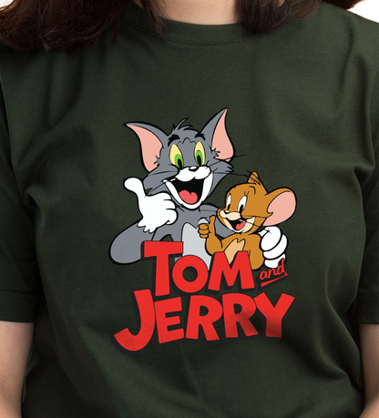 JEDFER Women's 100% Cotton, Half Sleeve, Round Neck, Regular Fit, Tom & Jerry Graphic Print T-Shirt