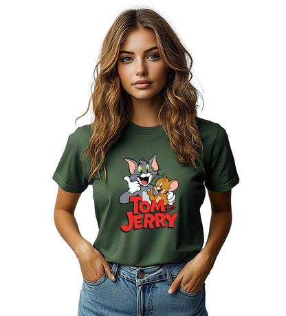 JEDFER Women's 100% Cotton, Half Sleeve, Round Neck, Regular Fit, Tom & Jerry Graphic Print T-Shirt