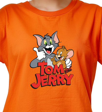 JEDFER Women's 100% Cotton, Half Sleeve, Round Neck, Regular Fit, Tom & Jerry Graphic Print T-Shirt