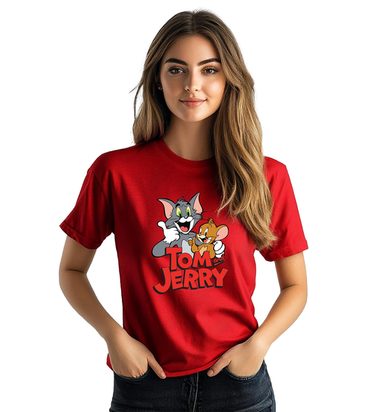 JEDFER Women's 100% Cotton, Half Sleeve, Round Neck, Regular Fit, Tom & Jerry Graphic Print T-Shirt