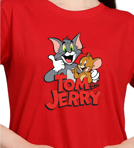 JEDFER Women's 100% Cotton, Half Sleeve, Round Neck, Regular Fit, Tom & Jerry Graphic Print T-Shirt