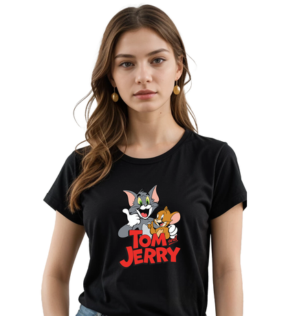 JEDFER Women's 100% Cotton, Half Sleeve, Round Neck, Regular Fit, Tom & Jerry Graphic Print T-Shirt