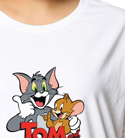 JEDFER Women's 100% Cotton, Half Sleeve, Round Neck, Regular Fit, Tom & Jerry Graphic Print T-Shirt