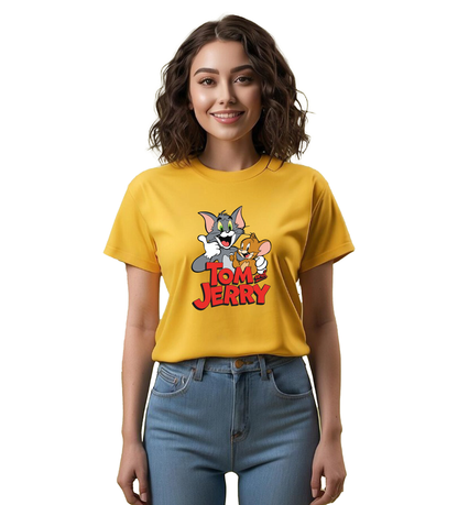 JEDFER Women's 100% Cotton, Half Sleeve, Round Neck, Regular Fit, Tom & Jerry Graphic Print T-Shirt