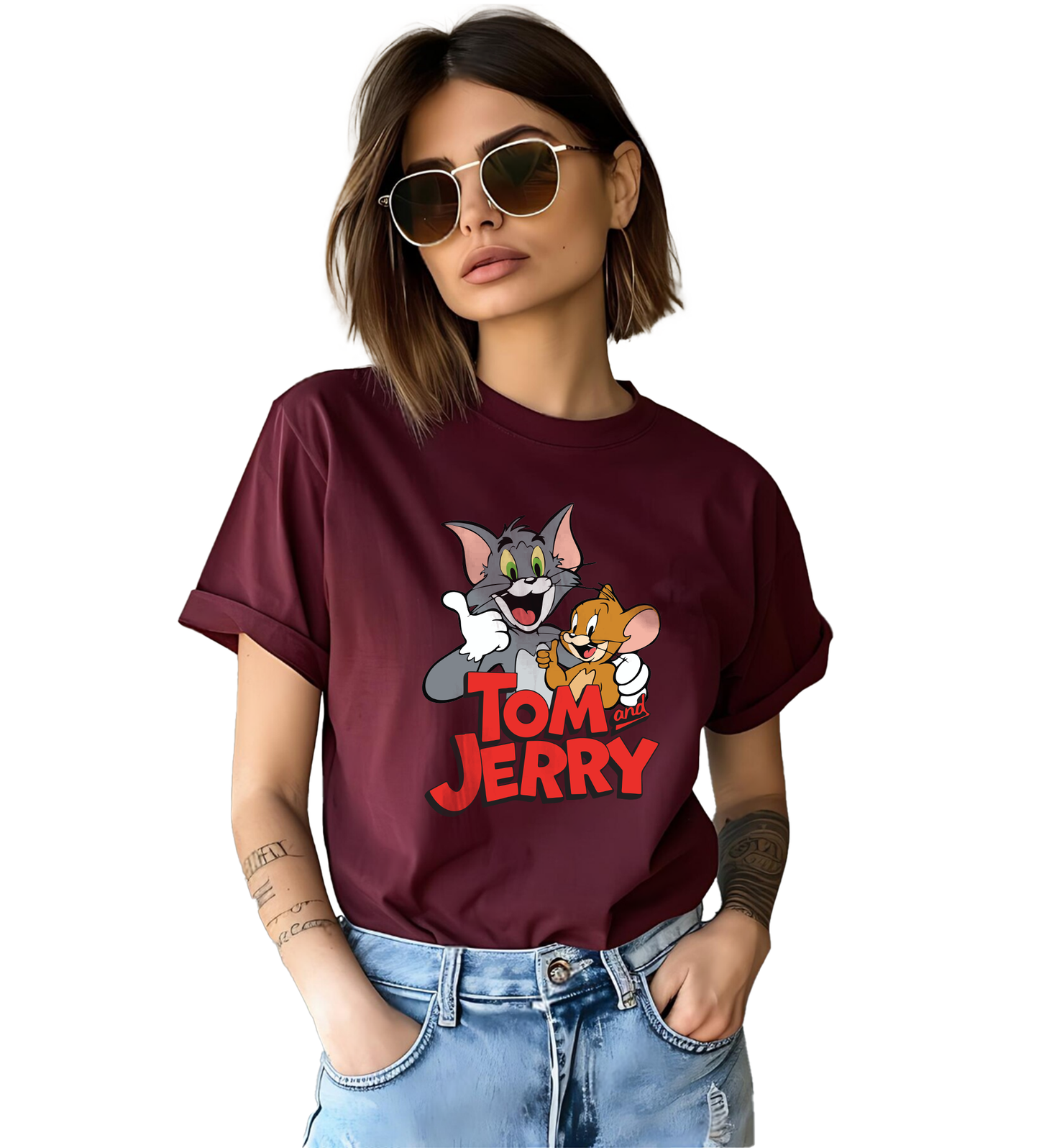 JEDFER Women's 100% Cotton, Half Sleeve, Round Neck, Regular Fit, Tom & Jerry Graphic Print T-Shirt