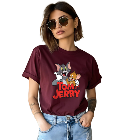 JEDFER Women's 100% Cotton, Half Sleeve, Round Neck, Regular Fit, Tom & Jerry Graphic Print T-Shirt